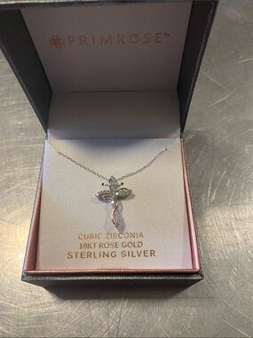Sterling Silver and Rose Gold Cross Pendant Necklace - White by Primrose